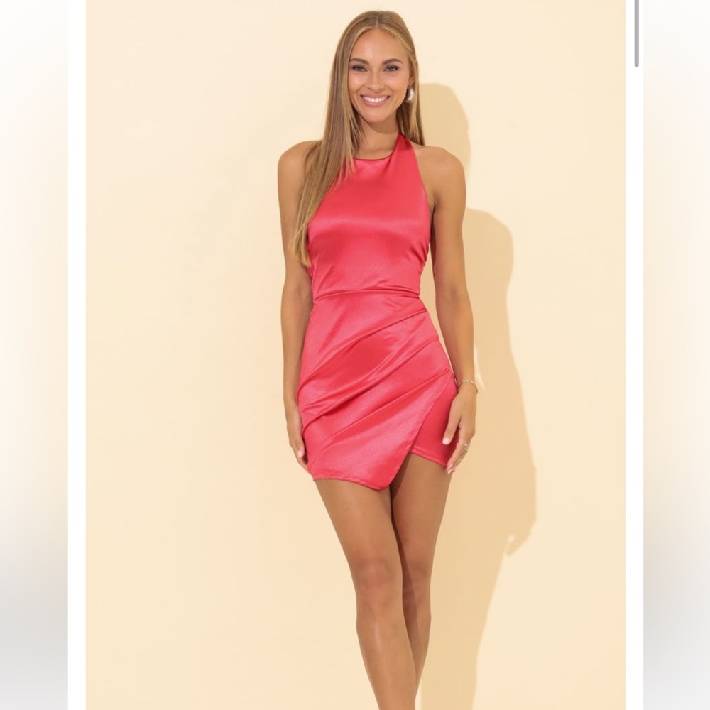 Lucy in the Sky Becky Satin Halter Dress in Red Coral